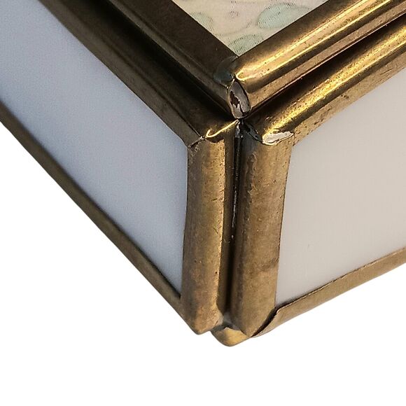 VTG Brass & Pink Slag Glass Trinket Box Cute Girl & Duck Make A Joyful Noise - Picture 13 of 16